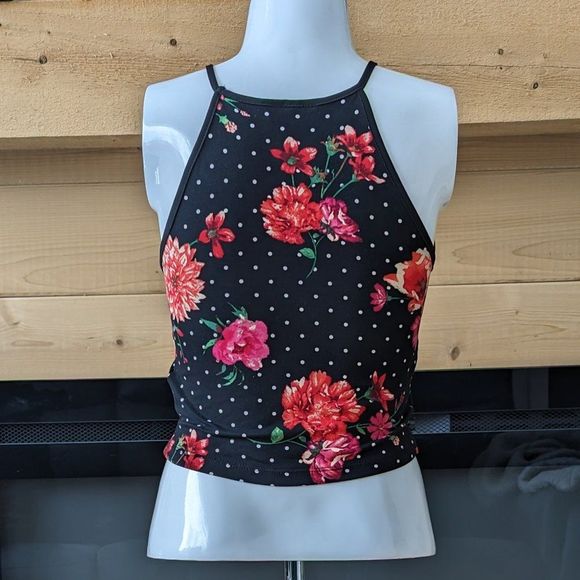 Floral Tank Top with polka dots Black and Pink spaghetti strap Crop Size Medium - Picture 3 of 10